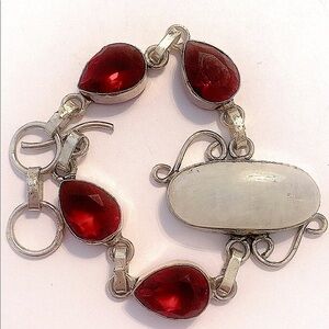 Beautiful, Rainbow Moonstone and 4 Garnet gemstone bracelet size 7–8.
